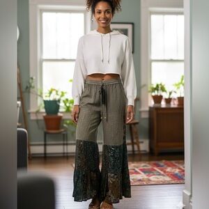 Wide Leg Patchwork Palazzo Pants in Olive Green